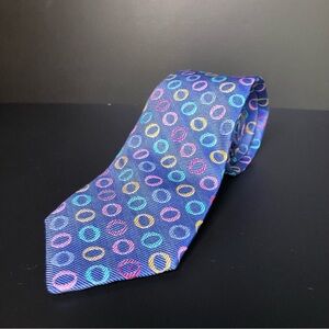 Ben Silver Silk Tie Hand Made Blue Multicolor Circles EUC